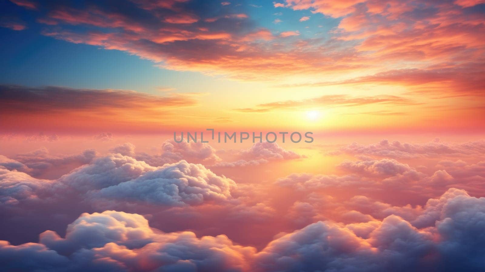 Beautiful sunset sky above clouds with breathtaking light. Generative AI by biancoblue
