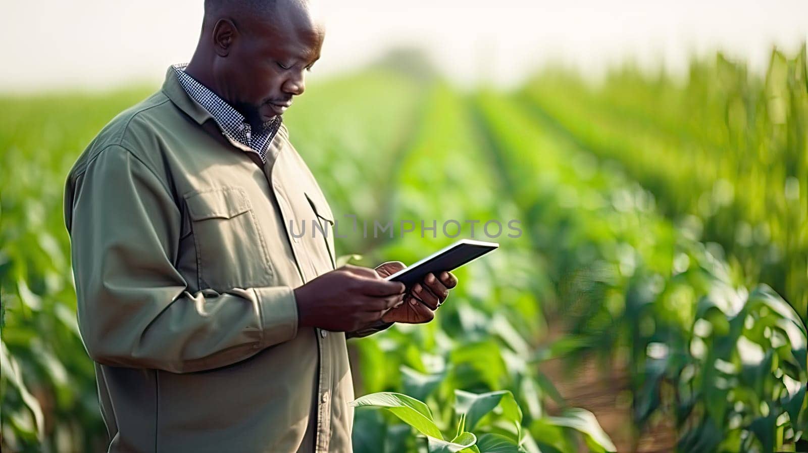 Modern Farming. Dark-Skinned Agronomist with Tablet in the Field. African American Agronomist in Action. Using Tablet in Crop Field. Agricultural Innovation