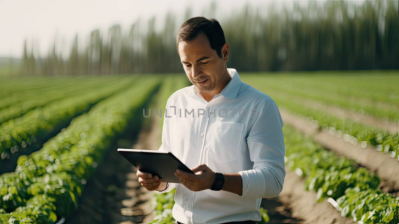 Agronomist in Action. Male Expert Using Tablet in Crop Field. Modern Farming Technology. Agronomist with Tablet in the Field. Tablet Technology in Agriculture. Agronomist Working in Crop Field.