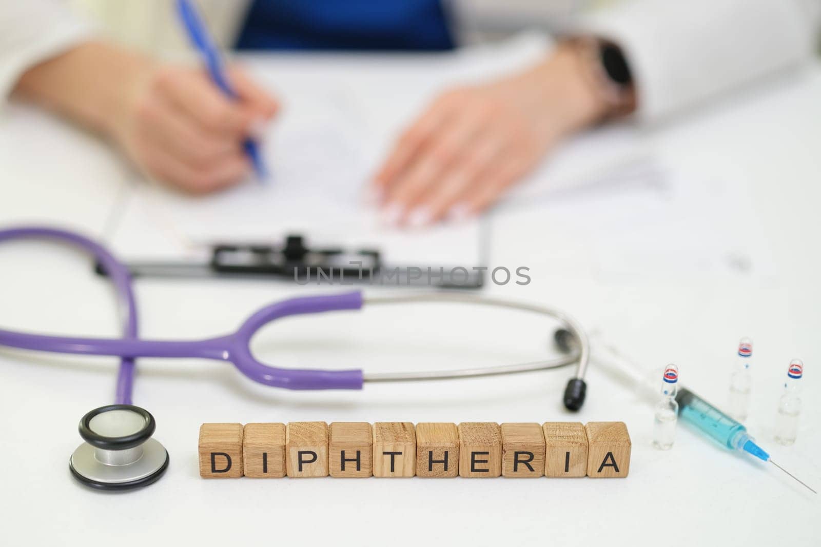 The study of diphtheria involves using a stethoscope, syringes, and detailed medical notes for healthcare professionals