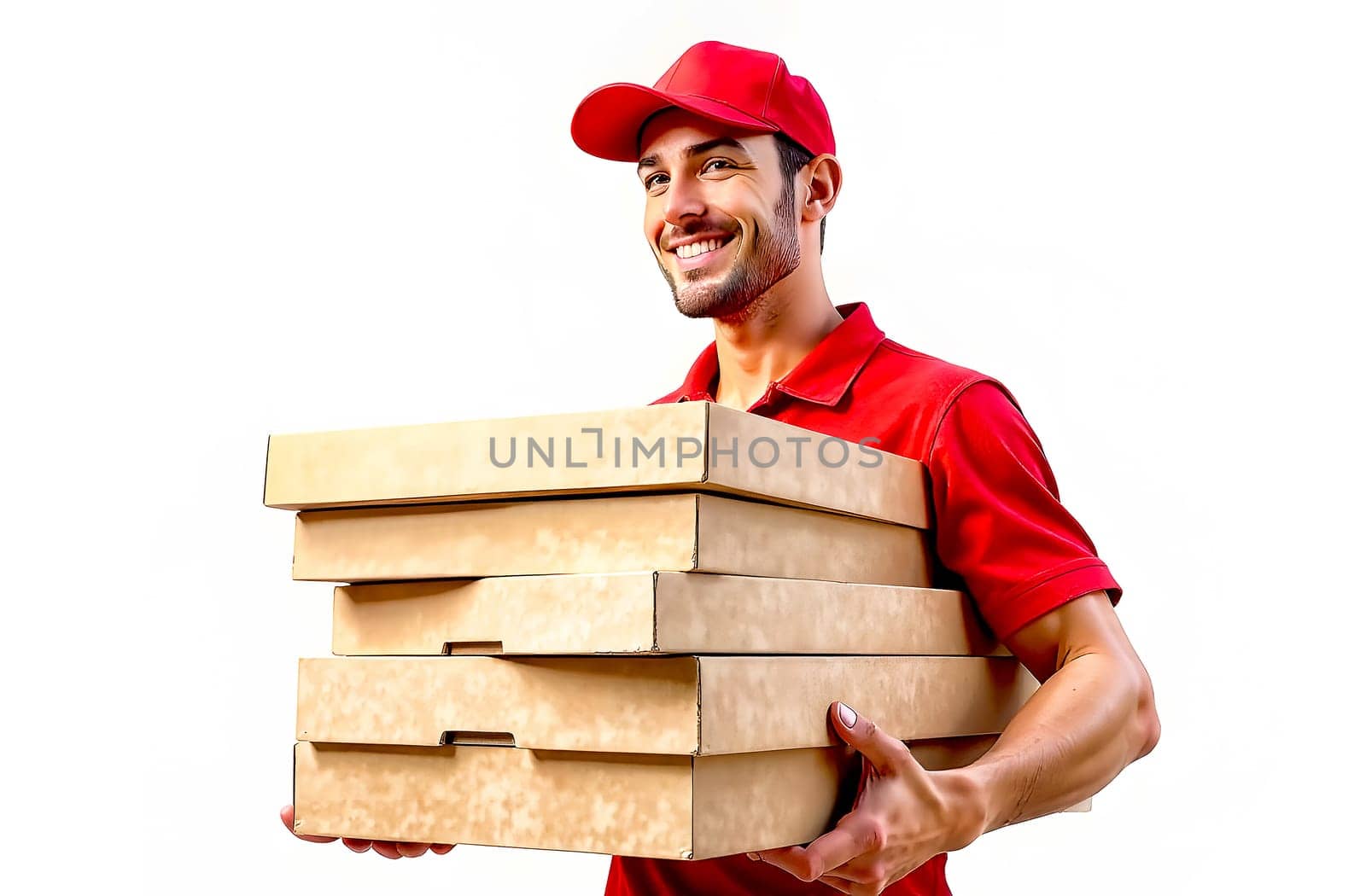 Animated character dressed in red uniform carries multiple pizza boxes with a cheerful expression, ready to make a delivery.
