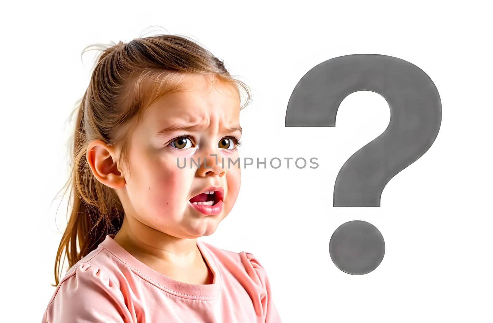 A young girl shows a puzzled expression while a prominent question mark looms nearby, symbolizing confusion and misunderstanding.. Blurred picture