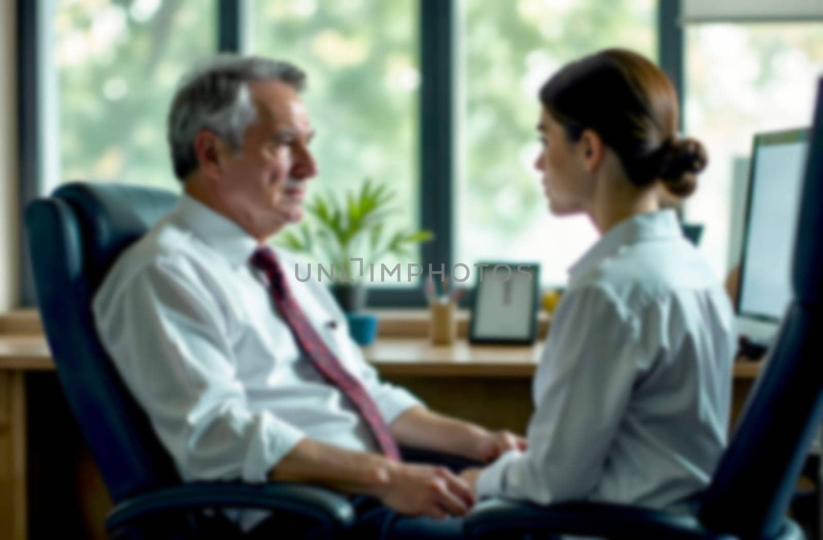 A manager engages in a discussion with a subordinate in a bright office space, emphasizing teamwork and collaboration. Blurred picture.