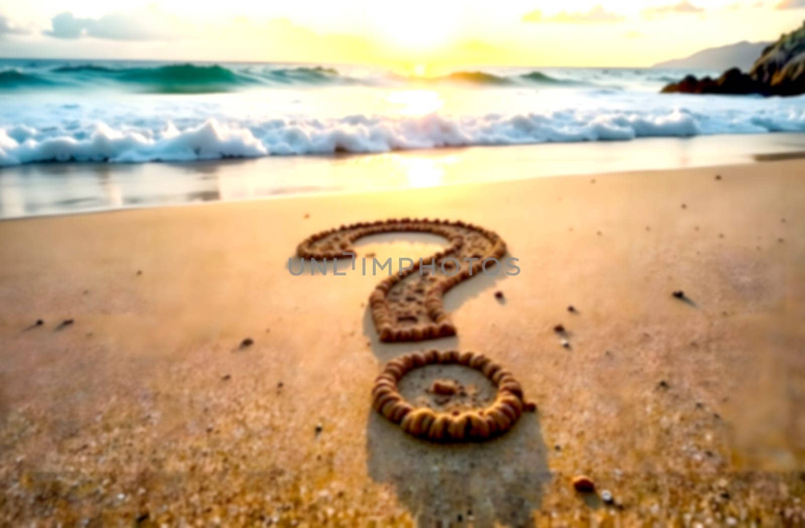 A large question mark is etched in the sand, with soft waves lapping at its edges during a serene sunset, prompting thoughts on difficulties.. Blurred picture