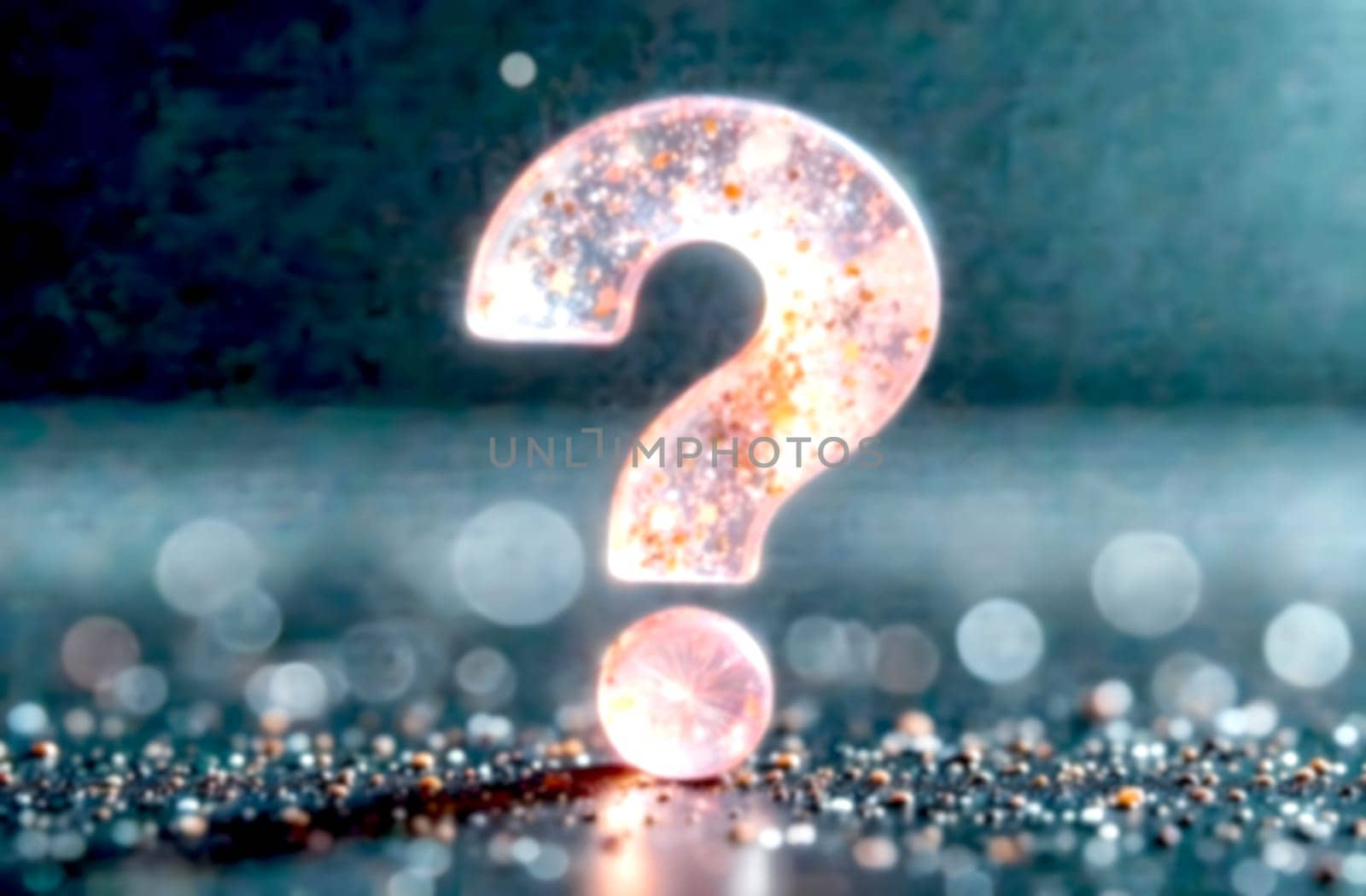 A sparkling question mark stands prominently against a blurred background, symbolizing curiosity amidst difficulties and misunderstandings.. Blurred picture