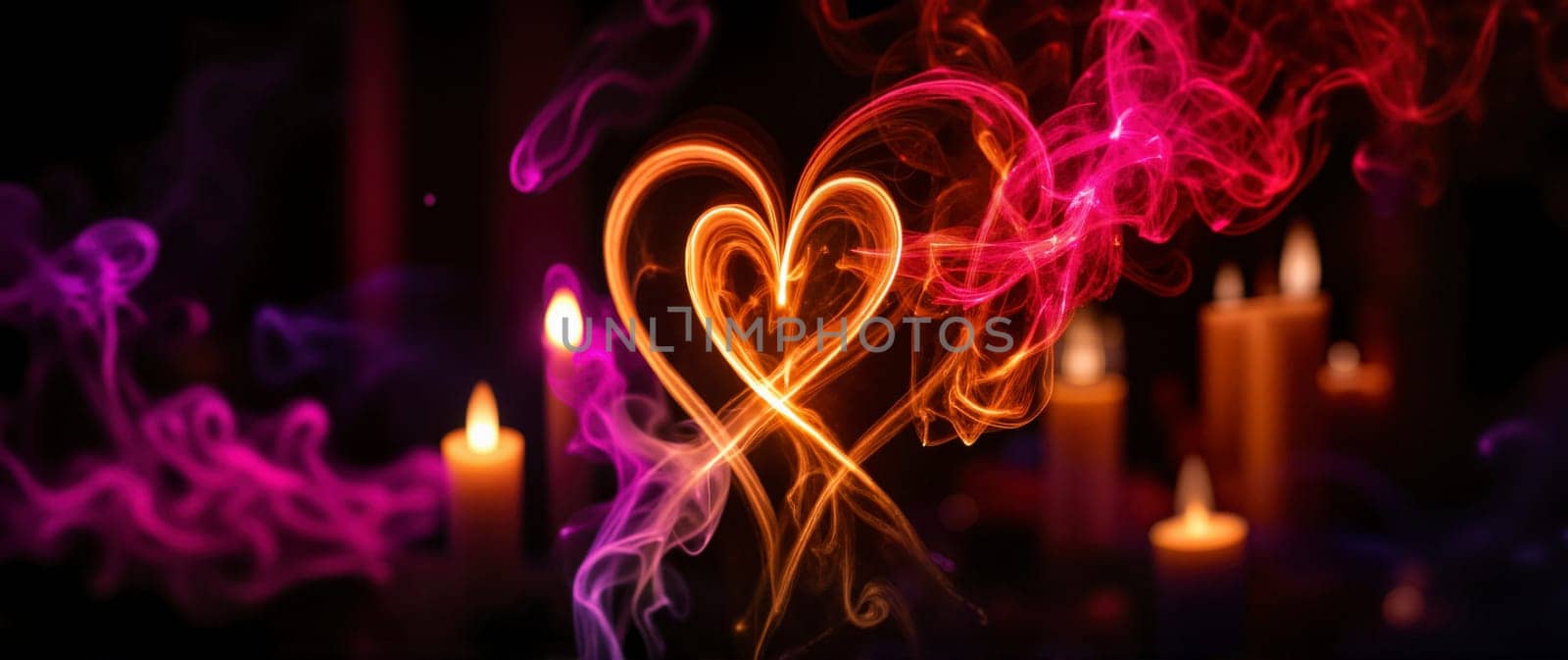 A heart is lit up in a smokey background with candles in the foreground. The heart is surrounded by smoke and the candles are lit. Scene is romantic and intimate