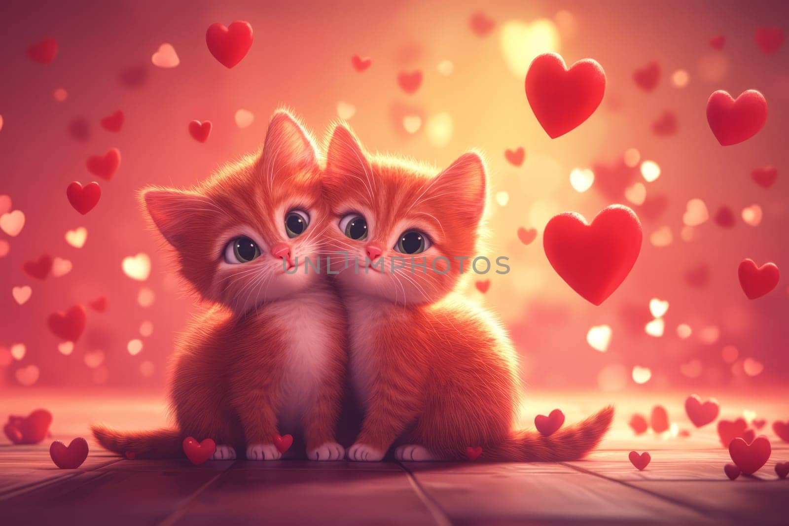 Two ginger kittens and red hearts flying around