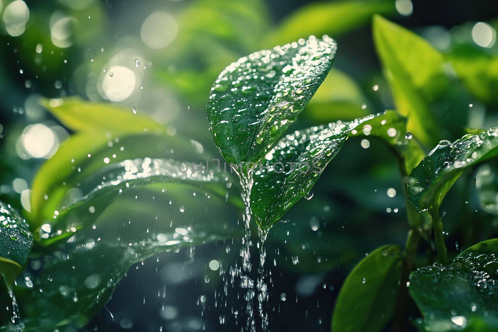 Close-up of green sprouts in water splashes. Irrigation system concept.