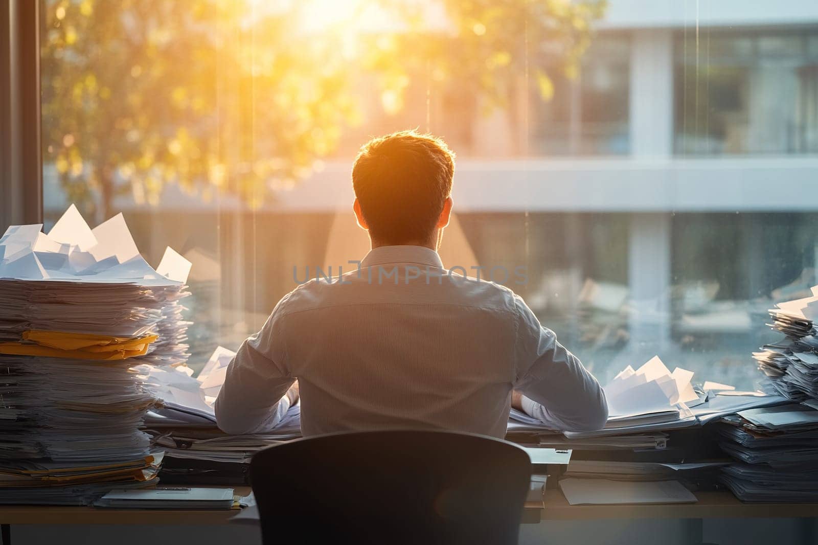 A man in a white shirt works works at an office desk filled with stacks of business papers and documents, in front of a large panoramic window. Rear view