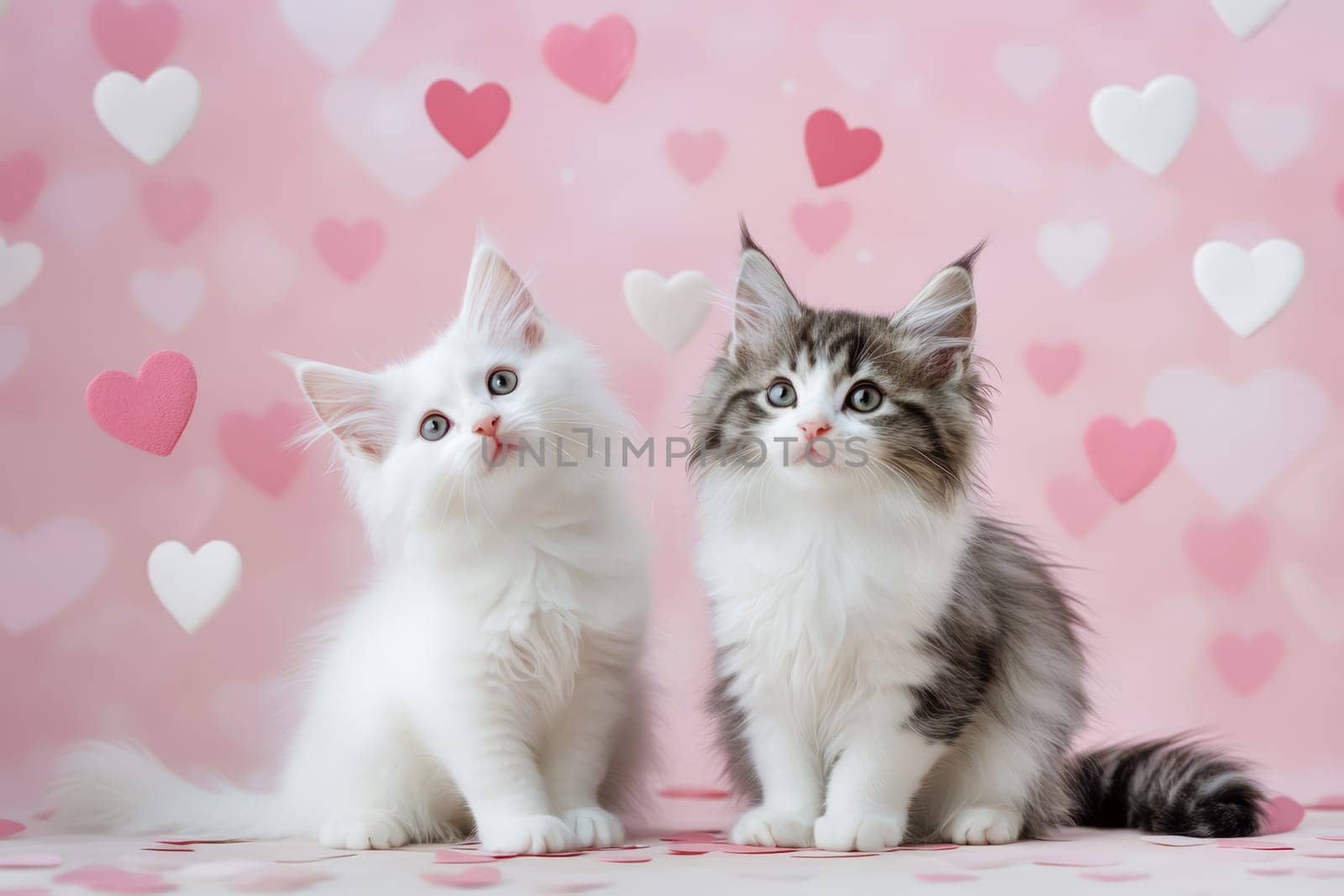 Two white kittens and red hearts flying around