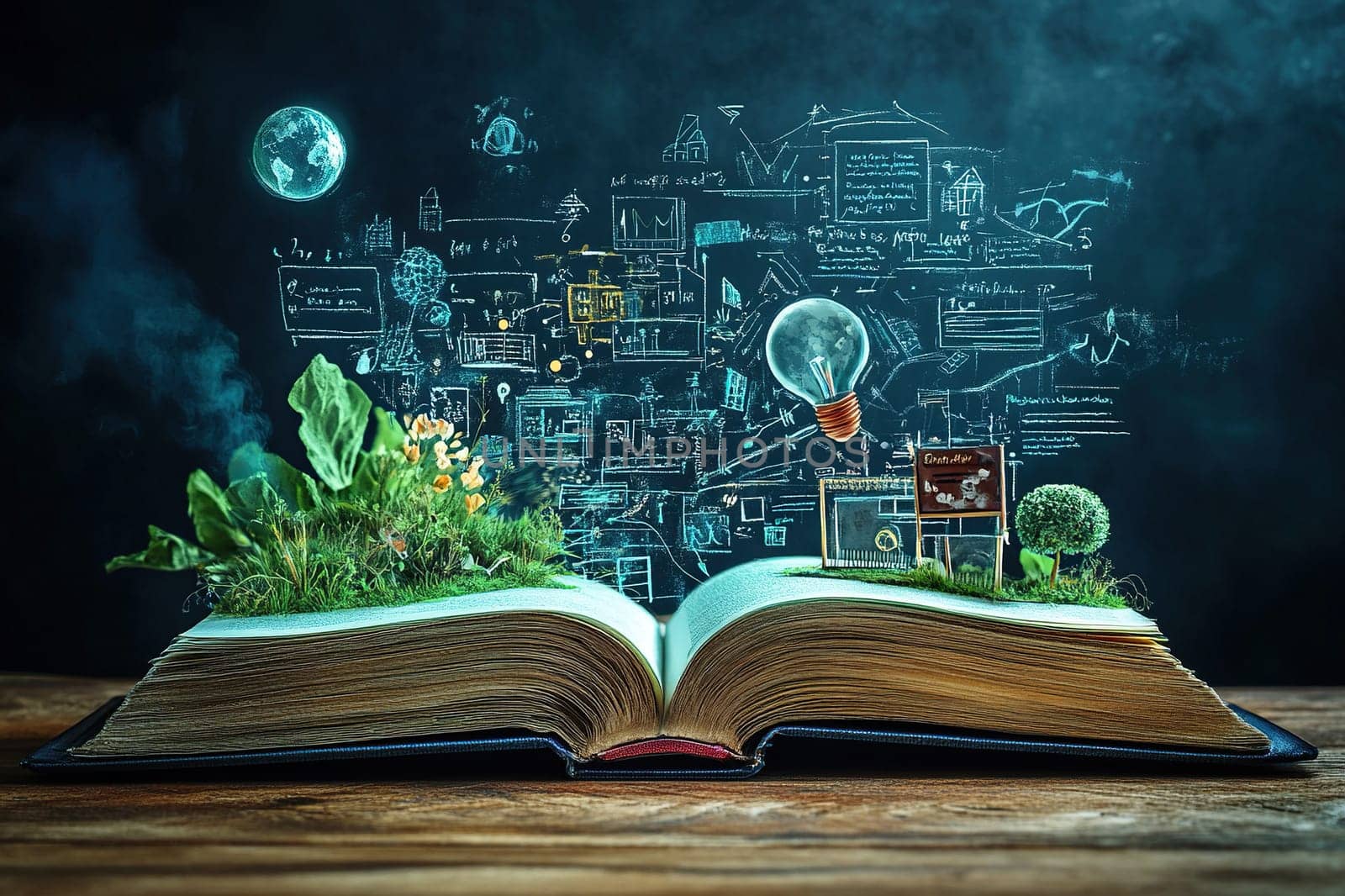 An open book with a virtual projection of the earth, greenery and graphs. The concept of the latest technologies in education.