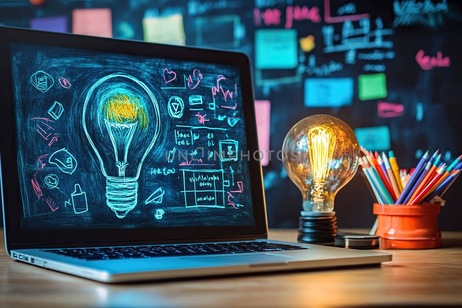 Mockup of burning incandescent lamp next to open laptop on desktop. Concept of new ideas and learning.