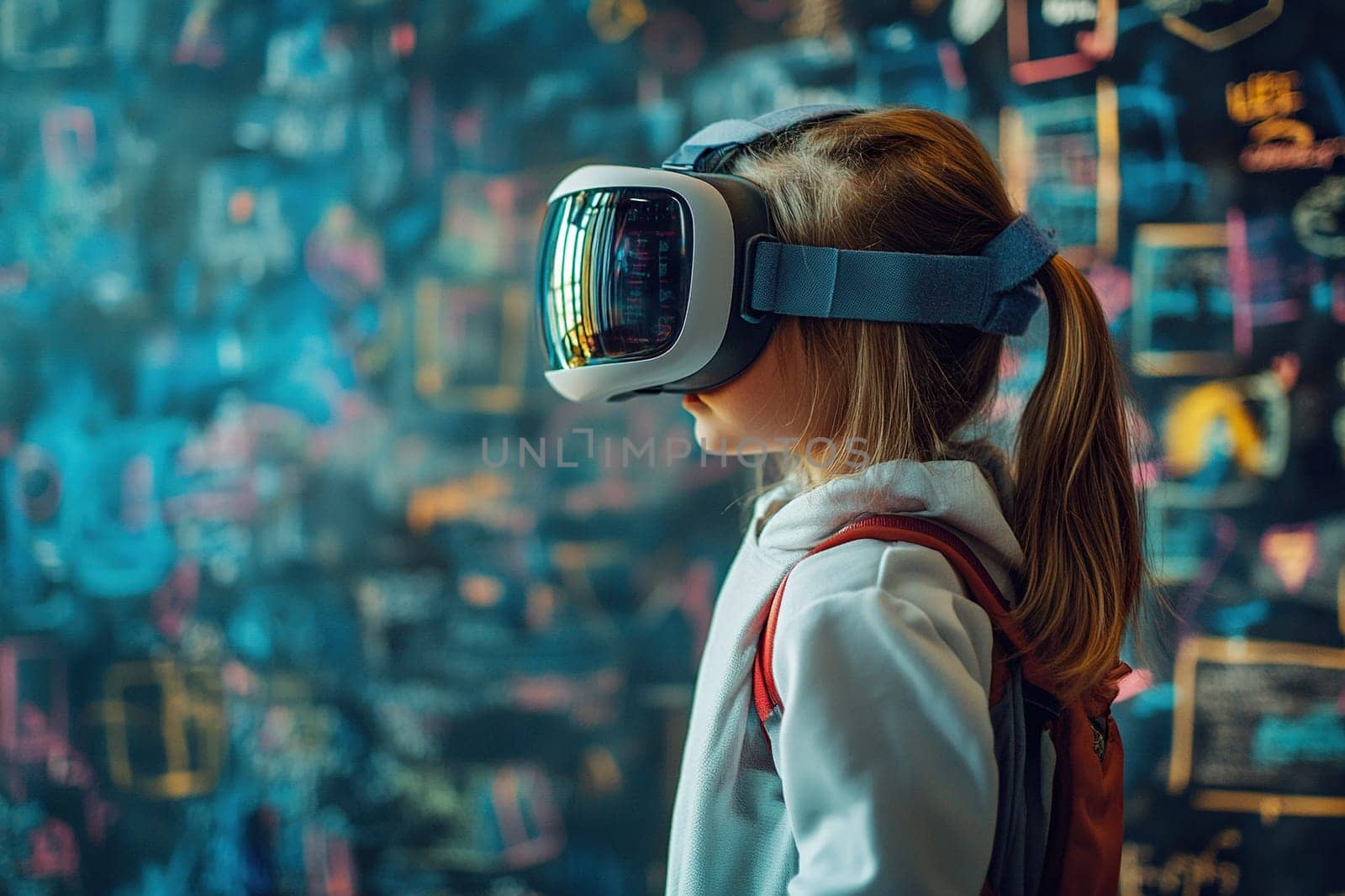 Schoolgirl uses VR headset simulators for learning. Girl in virtual reality glasses stands at the school board.