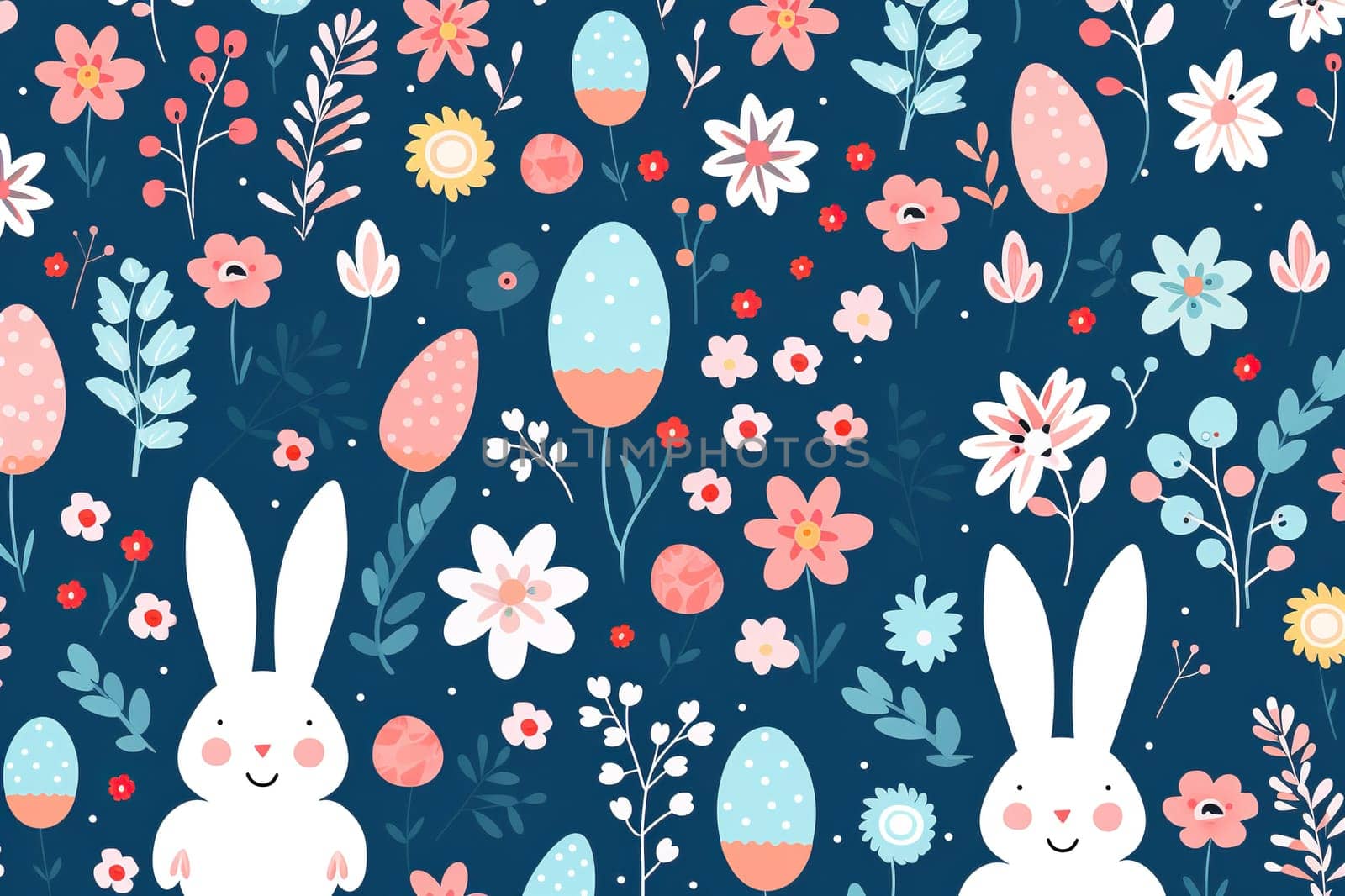 Flat easter illustration with blue background and flowers and easter bunnies and eggs. Easter background.