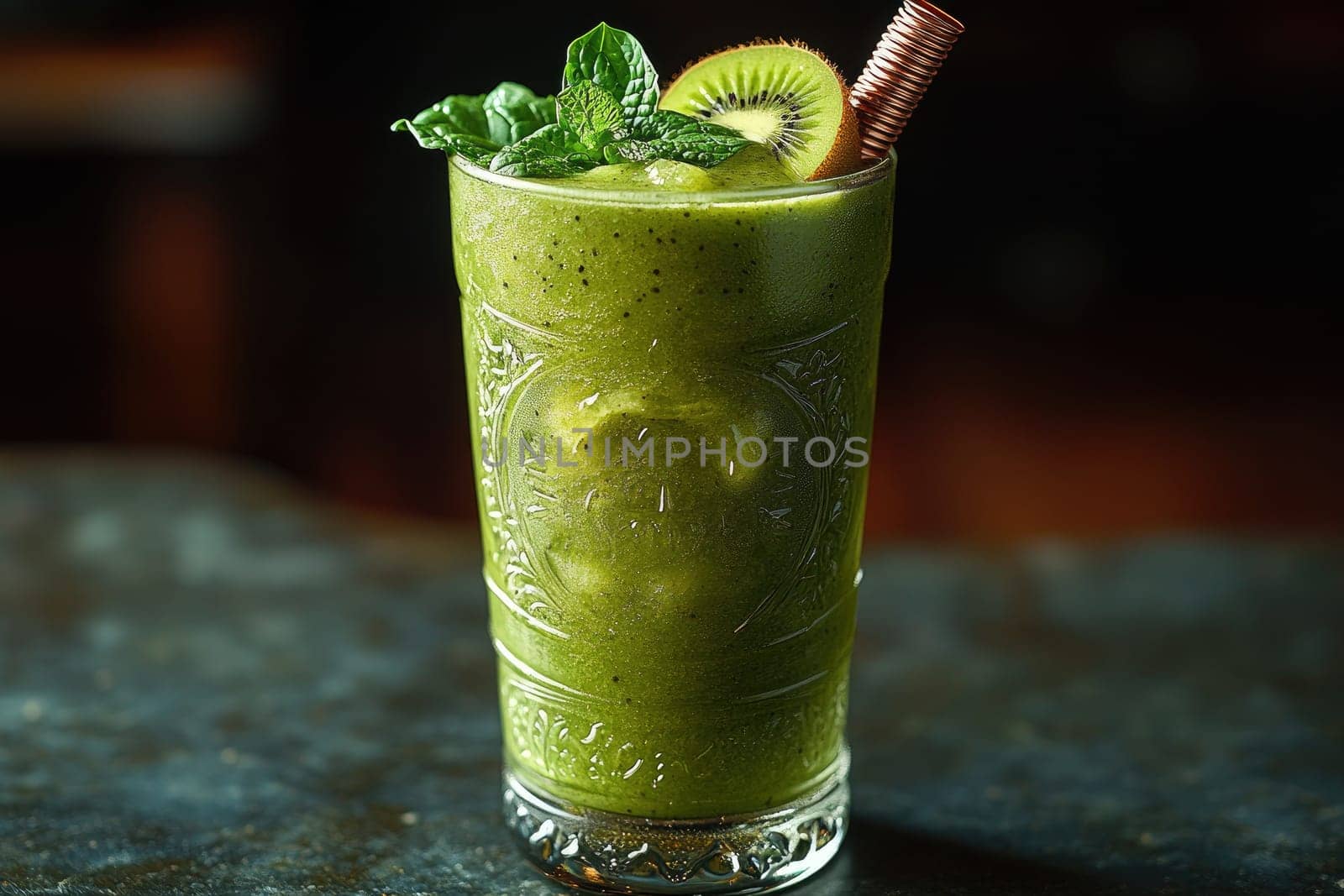 A vibrant green smoothie featuring kiwi slices and fresh mint leaves stands in a vintage glass on a dark countertop. This healthy beverage looks delicious and inviting.