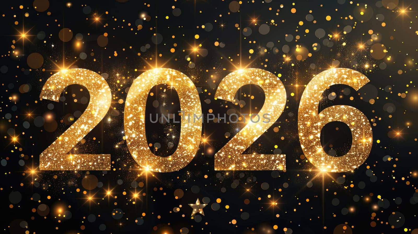 Bright golden numbers representing 2026 shine against a dark backdrop filled with glimmering lights, reflecting a festive atmosphere and anticipation for the New Year.