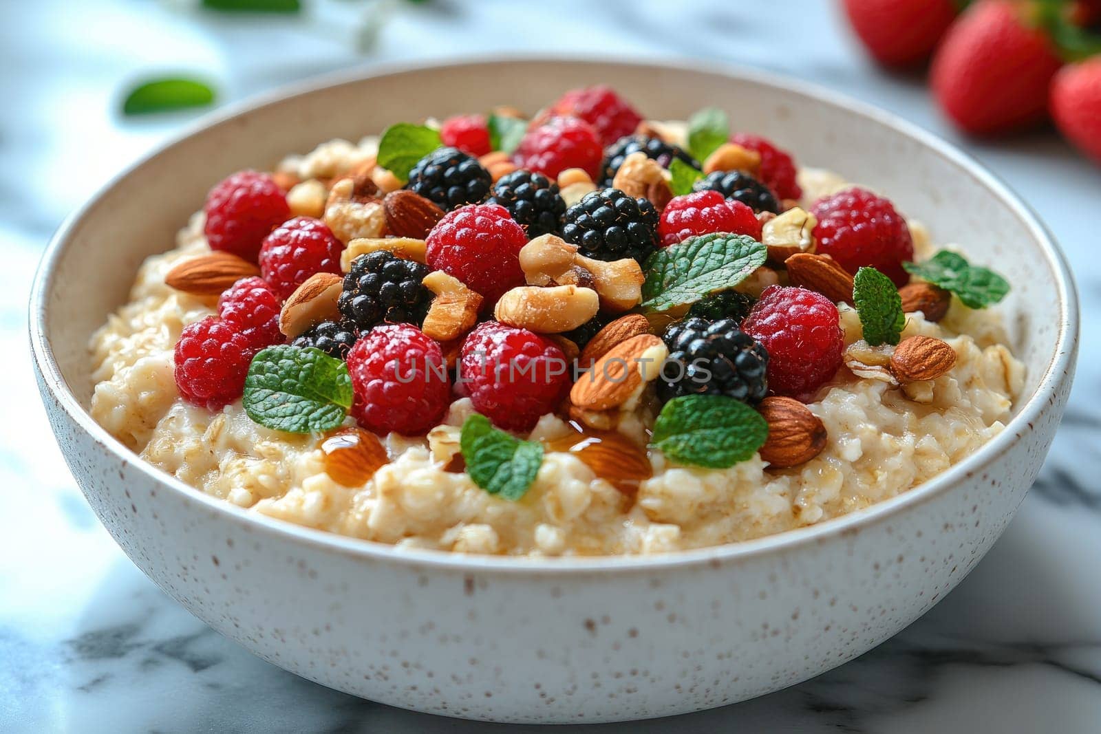 A nutritious bowl of oatmeal is artfully arranged with vibrant raspberries, blackberries, almonds, and mint leaves, showcasing a healthy breakfast option on a marble countertop.