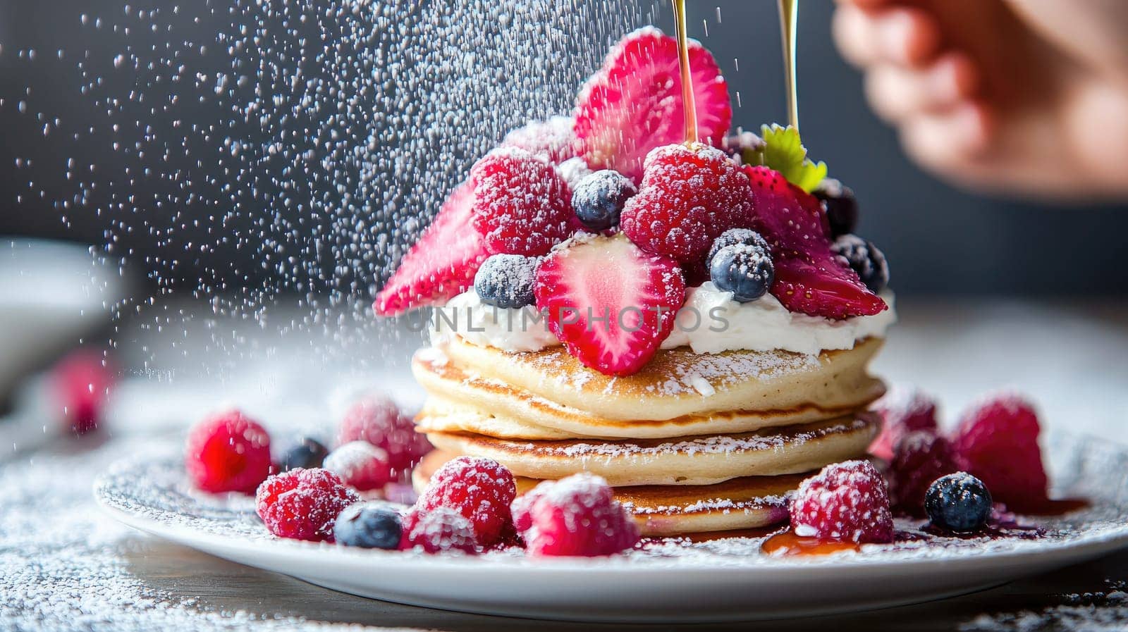 A stack of golden pancakes is beautifully arranged with strawberries, blueberries, and raspberries. Powdered sugar is gently sprinkled on top, creating a delightful breakfast.