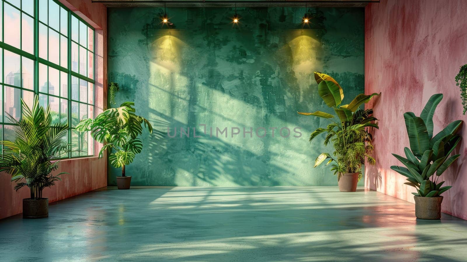 A spacious indoor area features lush green plants in pots, vibrant colored walls, and large windows that let in warm late afternoon sunlight, creating an inviting atmosphere.