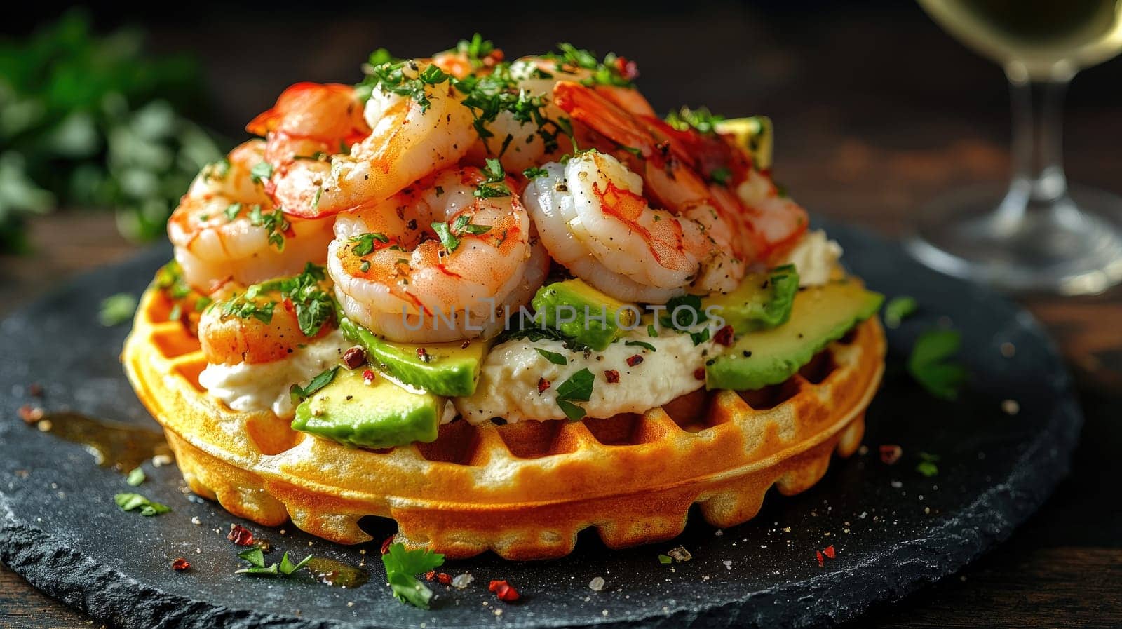 A gourmet waffle topped with fresh shrimp, avocado, and herbs is beautifully arranged on a slate surface. A glass of white wine is present, adding elegance to the meal.