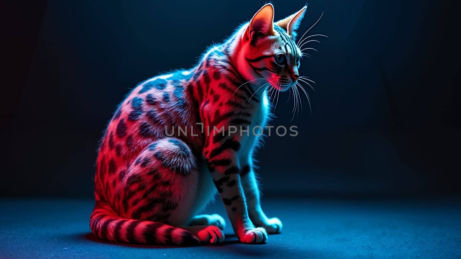 A cat is sitting on a black surface with a blue background. The cat is looking at the camera