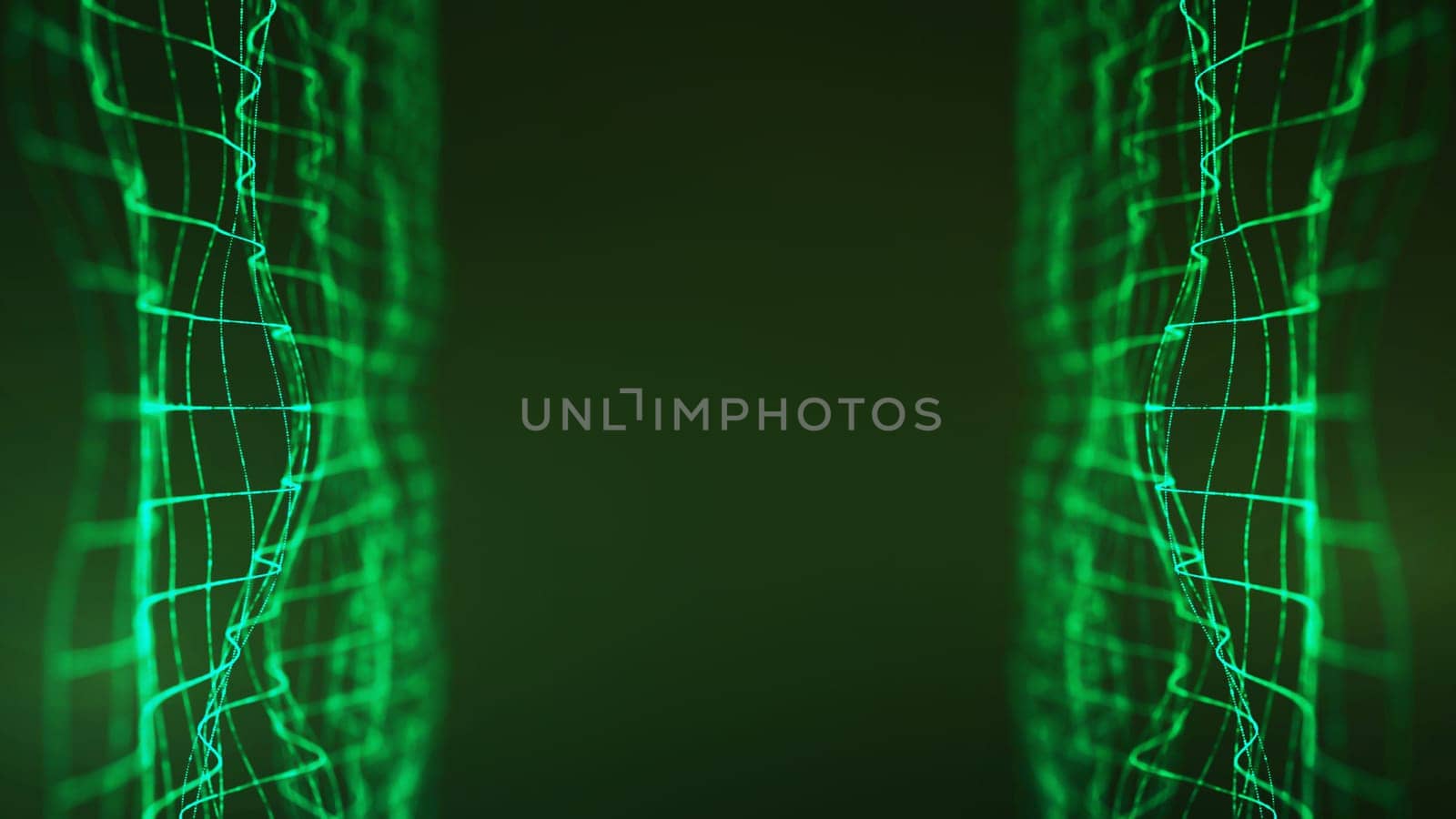 A digital abstract visualization featuring glowing green grids representing technology and environmental innovation. Set against a gradient green background, it showcases sustainability and futuristic concepts.