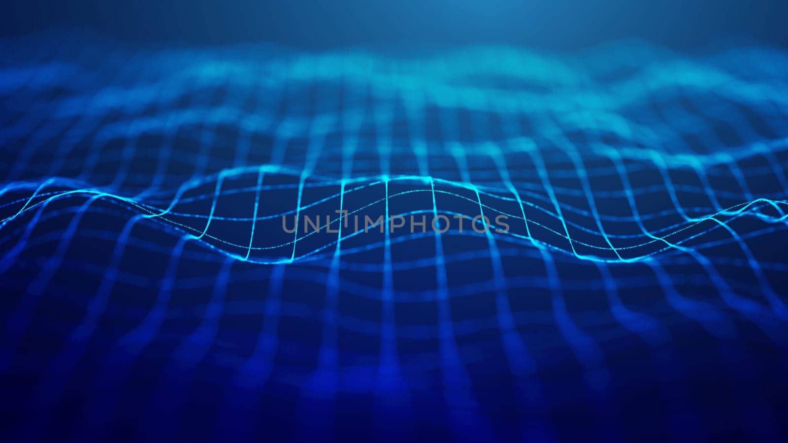 This image features a glowing blue grid wave spreading across the frame, forming an abstract and modern technological design. The wave showcases intricate lines and curves that appear to move dynamically, representing energy and data flow. The dark blue gradient background contrasts sharply with the bright luminous grid, adding a sense of depth and focus to the composition.