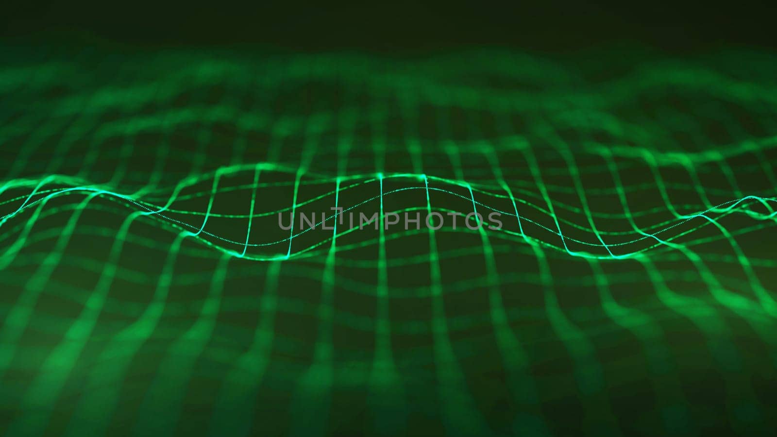 The image showcases a glowing green grid wave that spans across the frame, creating an abstract and futuristic visual effect. The wave appears three-dimensional, with its intricate curves and lines radiating a sense of motion and energy. The background is a dark green gradient, emphasizing the luminous grid and creating a contrast that enhances the overall depth of the composition.