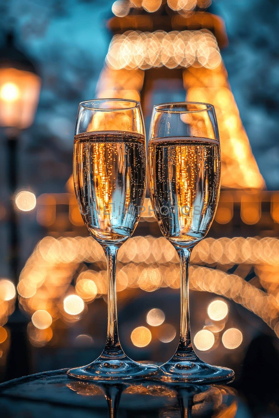 glasses of champagne on the background of the Eiffel Tower. Selective focus.