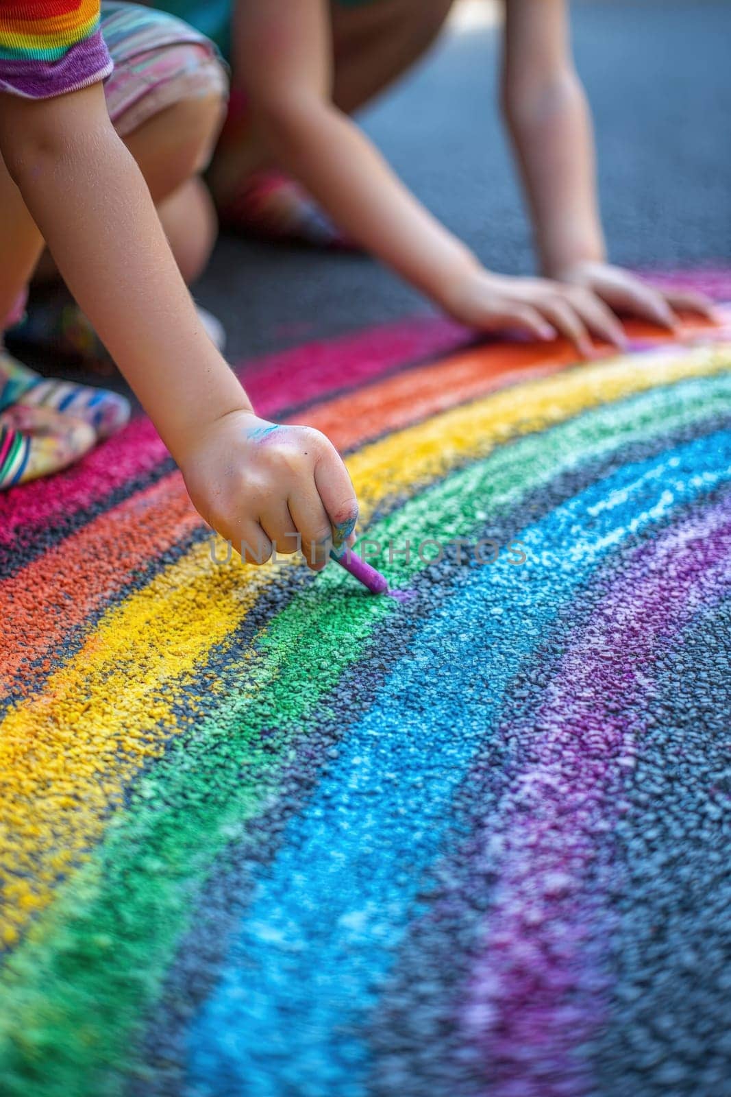 Close-up of a child's hand drawing on the asphalt. Selective focus.