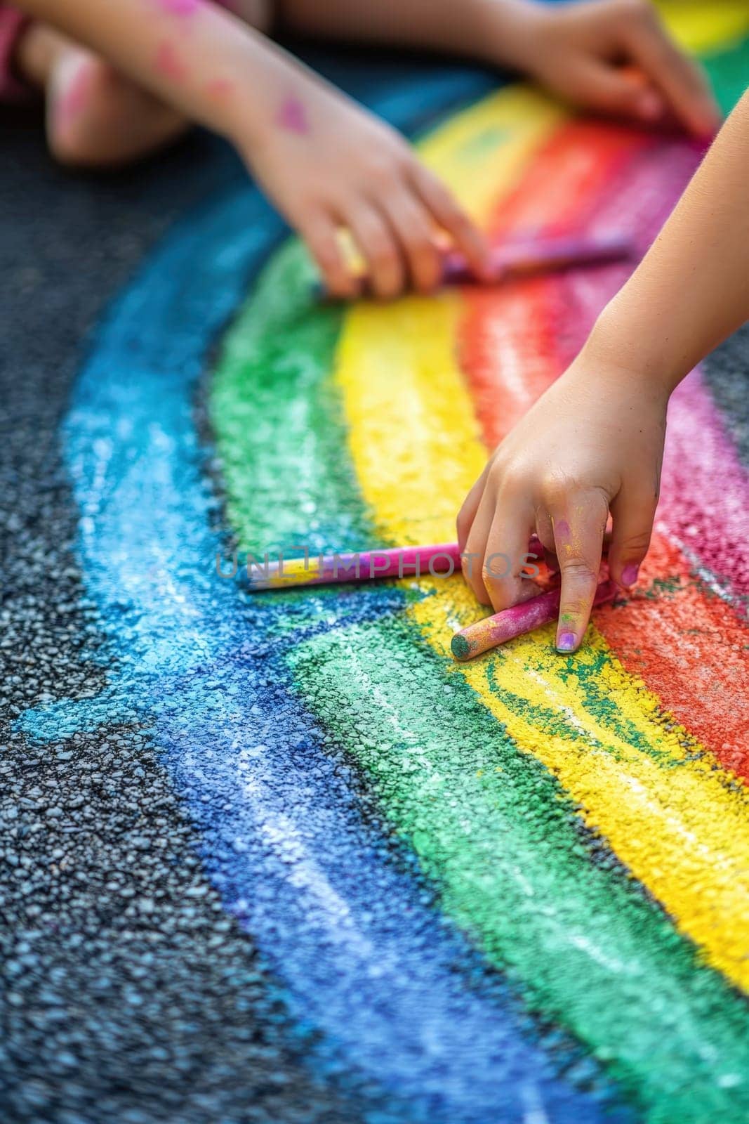 Close-up of a child's hand drawing on the asphalt. Selective focus.