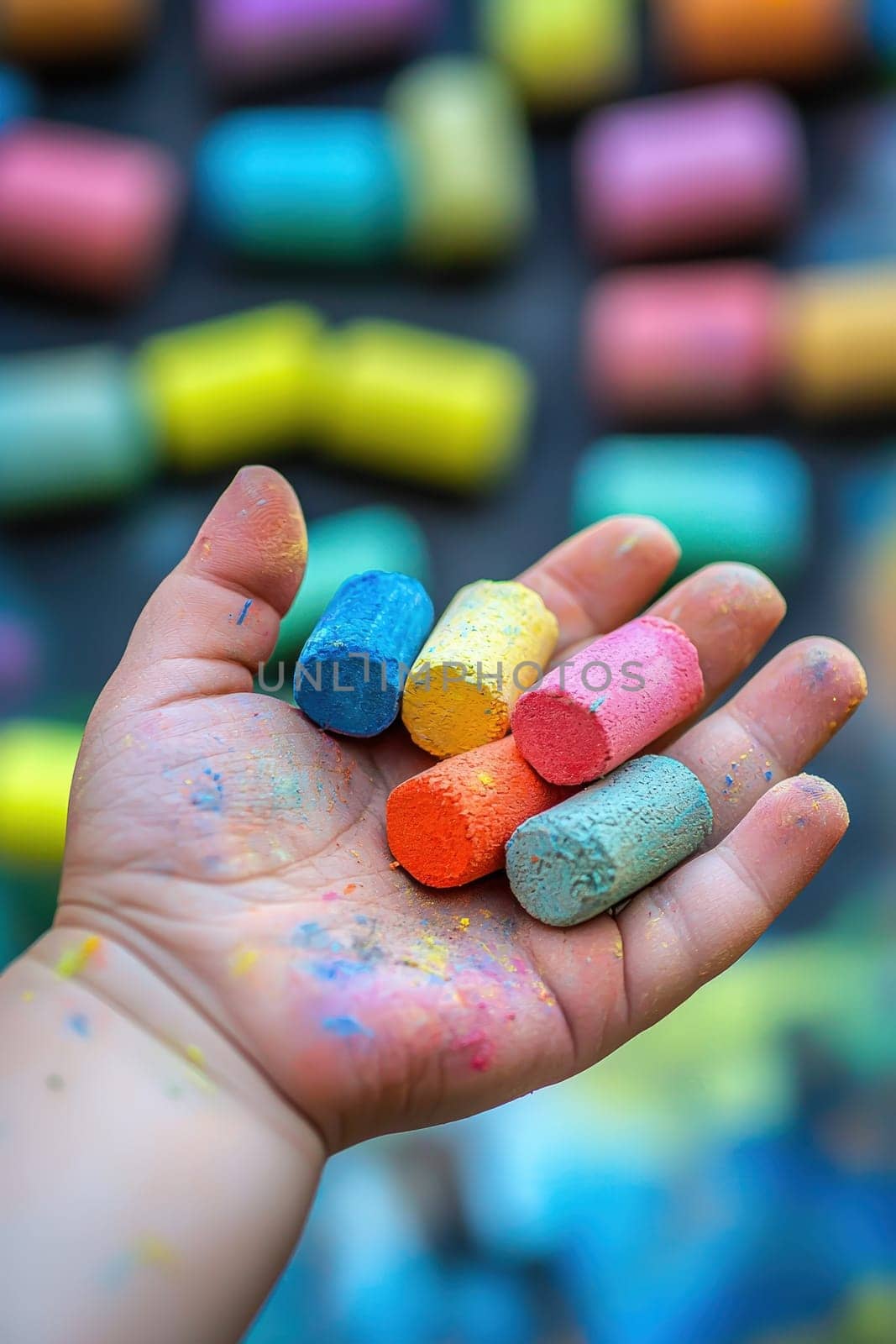 Close-up of a child's hand drawing on the asphalt. Selective focus.