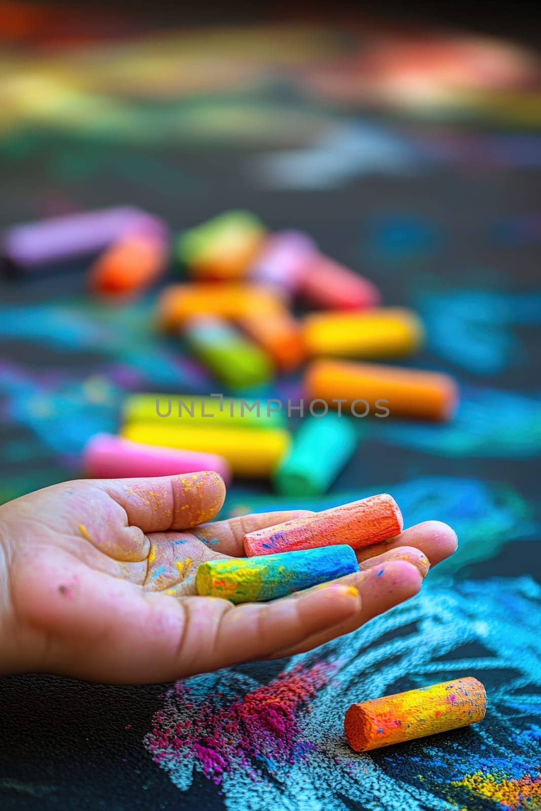 Close-up of a child's hand drawing on the asphalt. Selective focus.