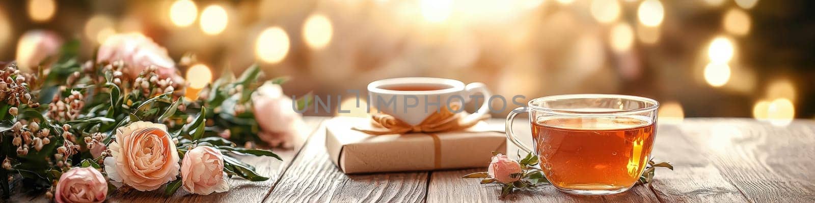 cup of tea gift and flowers. Selective focus.