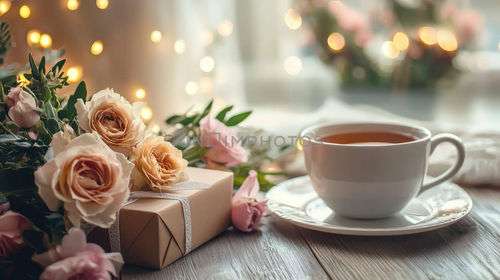 cup of tea gift and flowers. Selective focus.