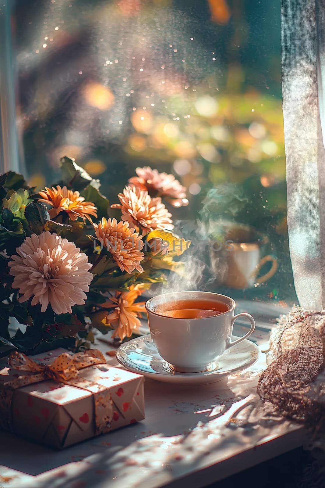 cup of tea gift and flowers. Selective focus.