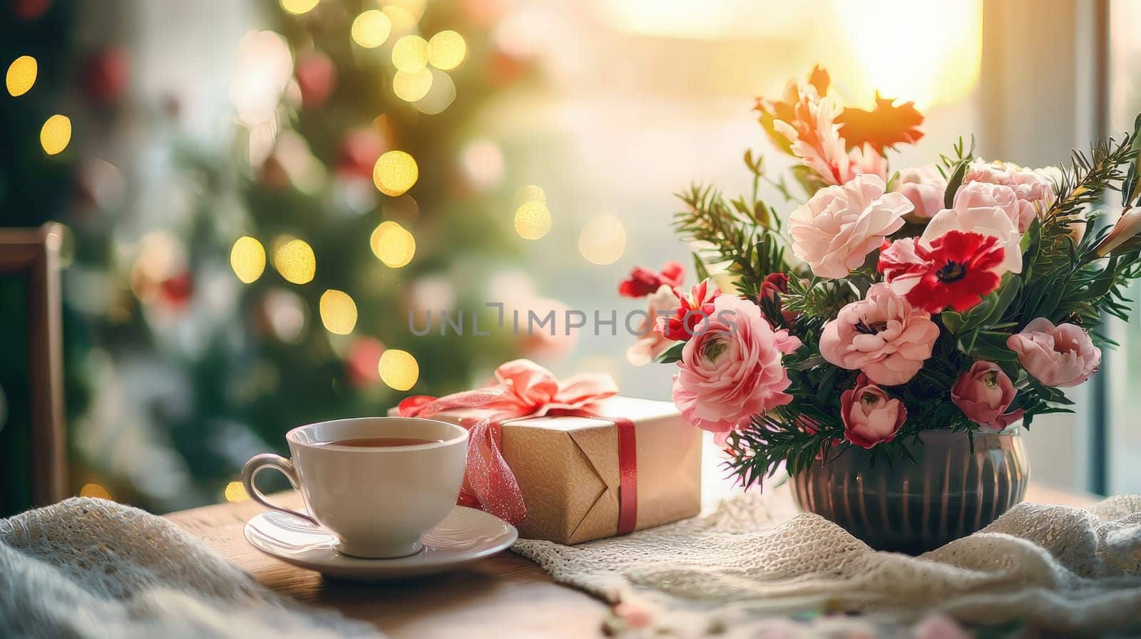 cup of tea gift and flowers. Selective focus.
