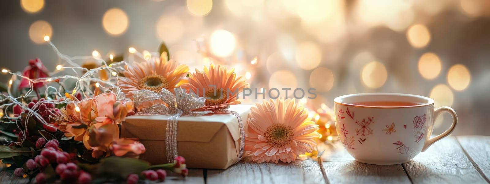 cup of tea gift and flowers. Selective focus.