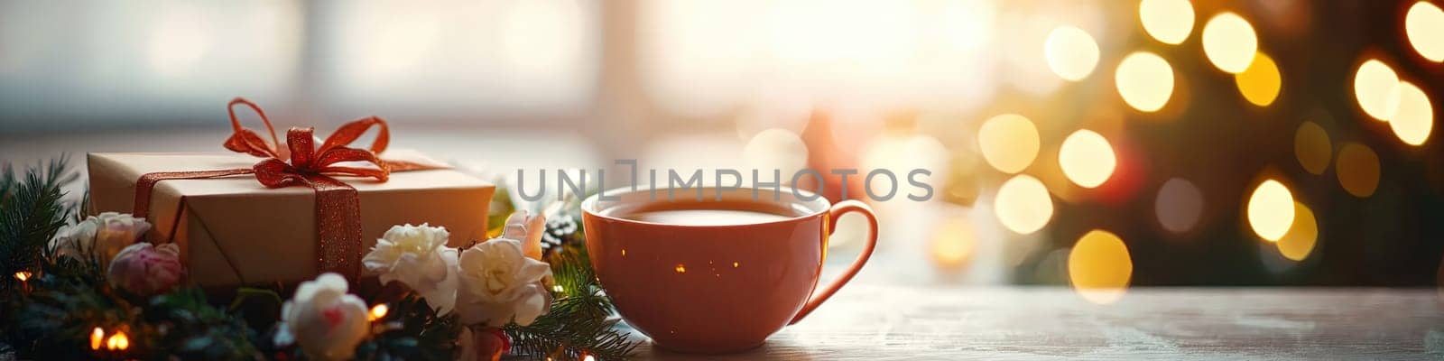 cup of tea gift and flowers. Selective focus.