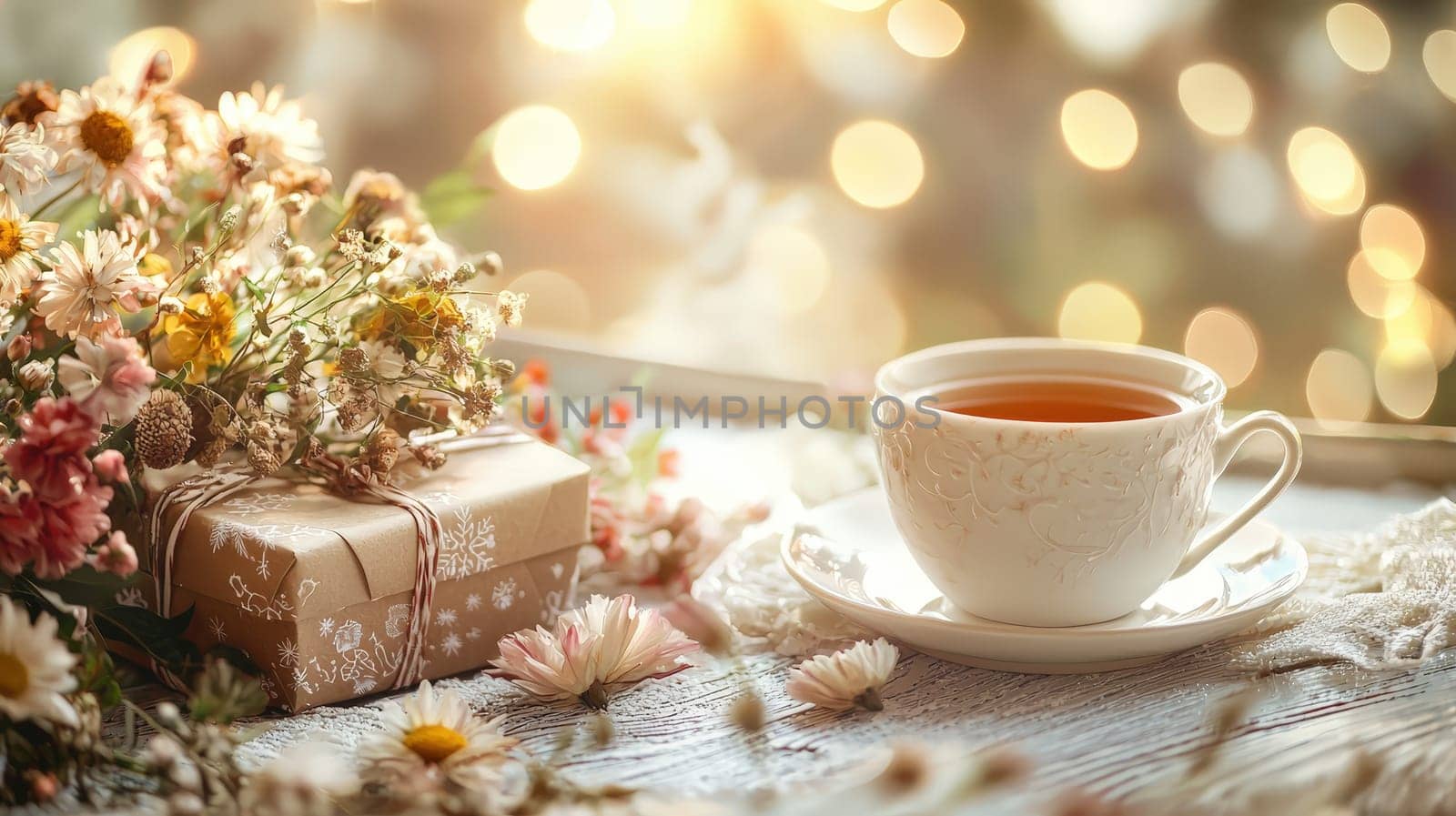 cup of tea gift and flowers. Selective focus.