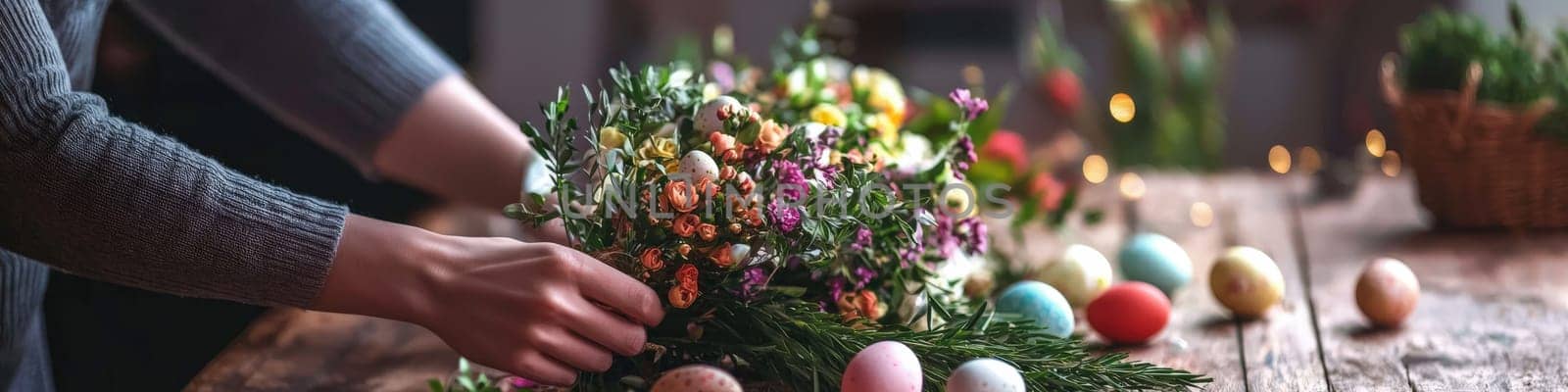 Woman holding Easter eggs in her hands. Selective focus.