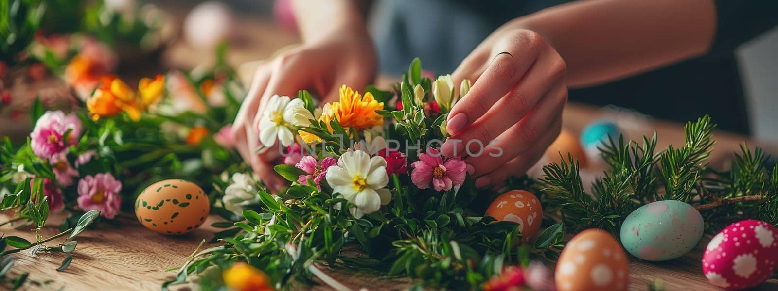 Woman holding Easter eggs in her hands. Selective focus.