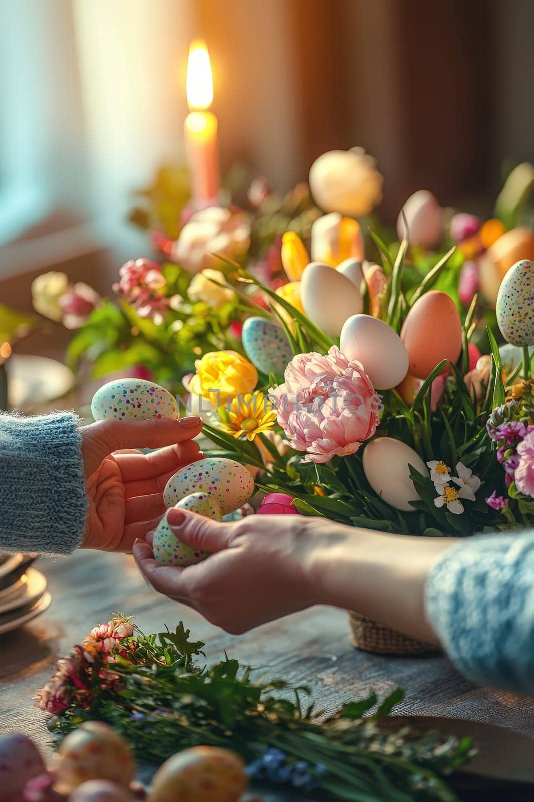 Woman holding Easter eggs in her hands. Selective focus.