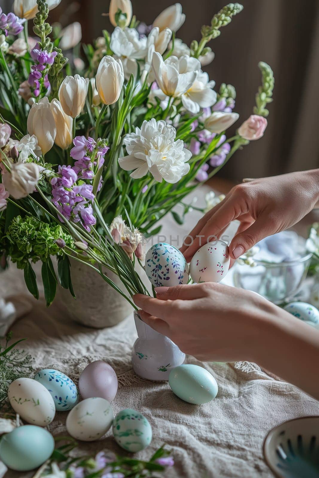 Woman holding Easter eggs in her hands. Selective focus.