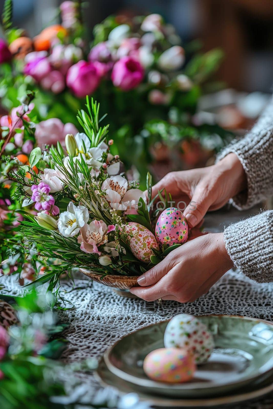 Woman holding Easter eggs in her hands. Selective focus.