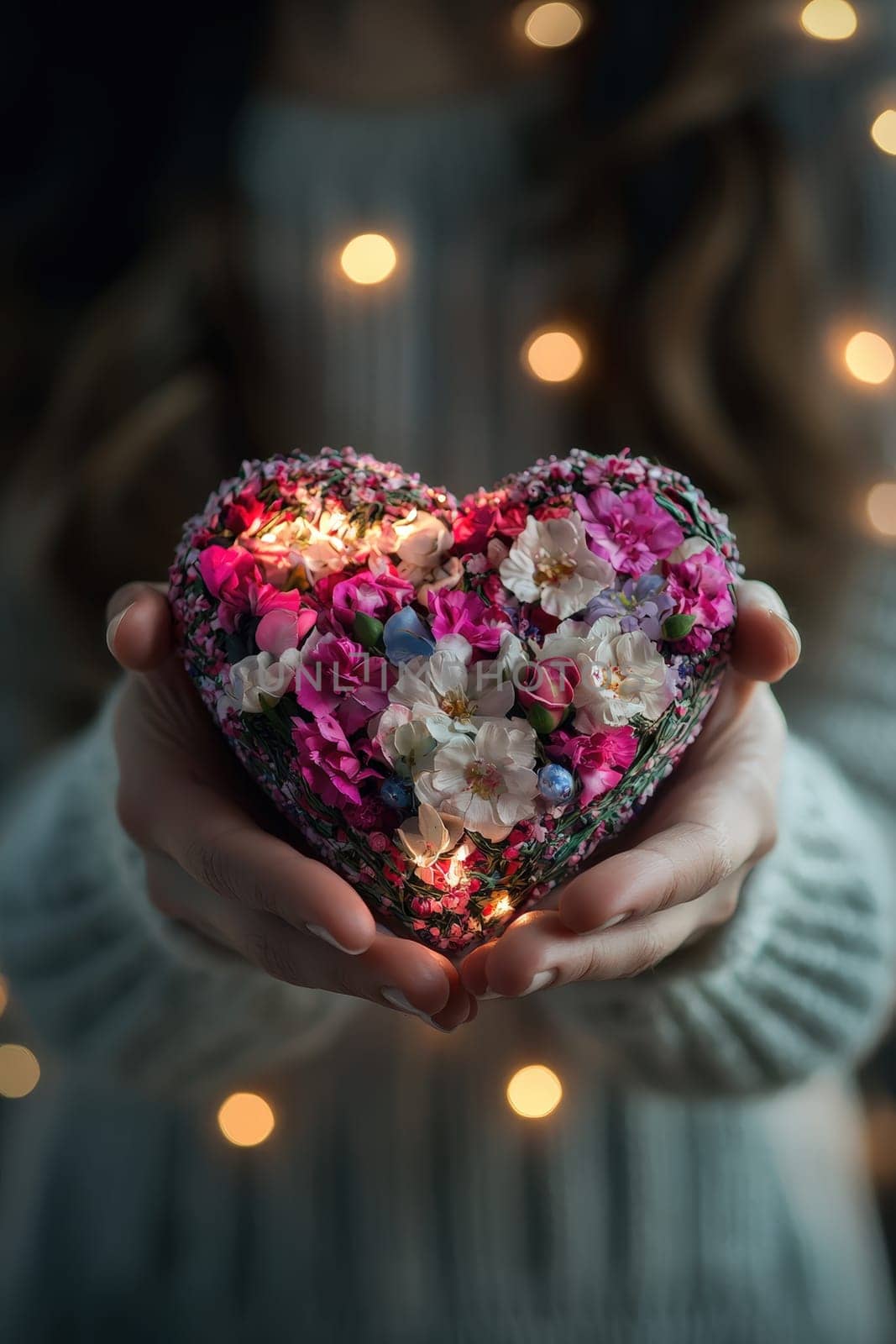 woman holding a heart of flowers in her hands. Selective focus.