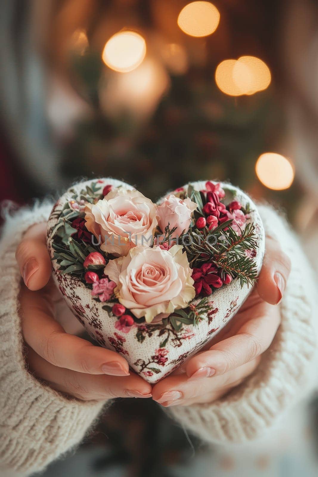 woman holding a heart of flowers in her hands. Selective focus.