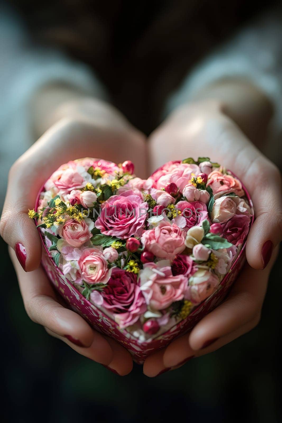 woman holding a heart of flowers in her hands. Selective focus.