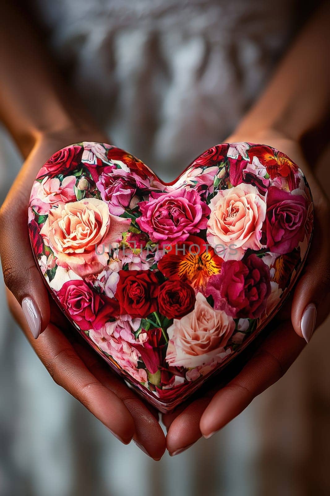 woman holding a heart of flowers in her hands. Selective focus.