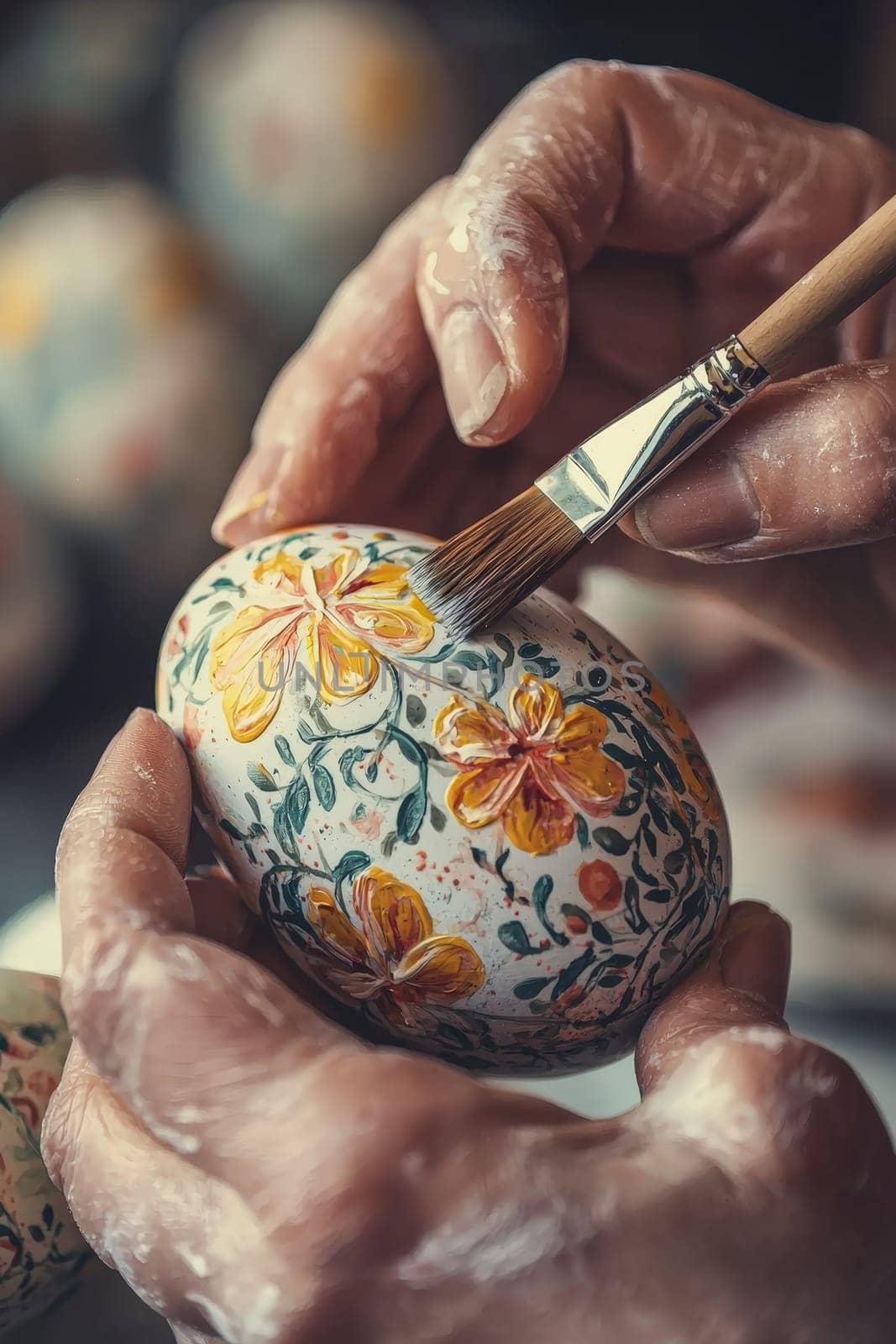 Close-up of a woman coloring eggs for Easter. Selective focus.